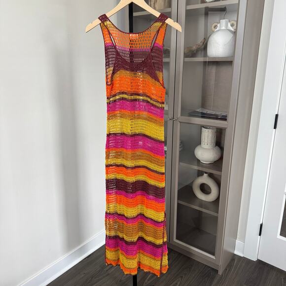 Anna Kosturova Handmade Crochet Knit Dress M Pimento Color Striped Tassel Midi - Picture 3 of 7